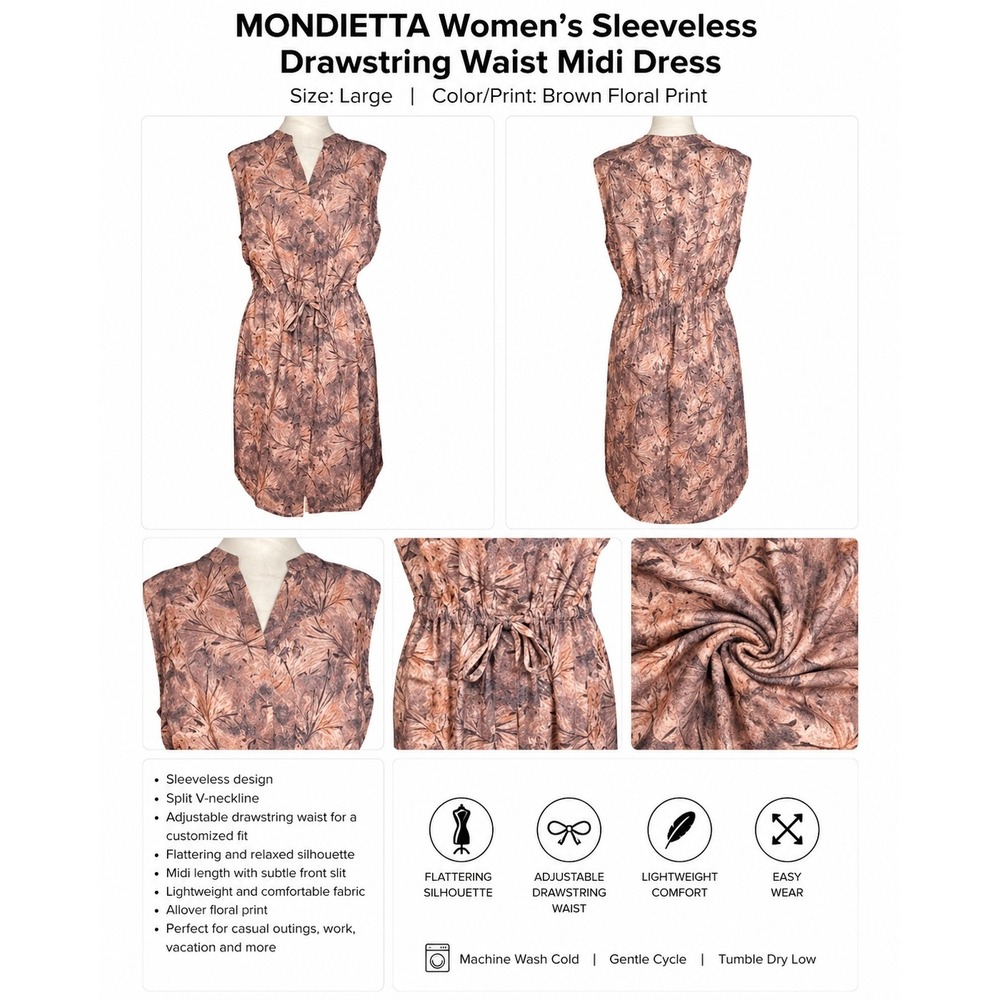 MONDIETTA Women Large Sleeveless Drawstring Waist Midi Dress Print‎ Size L